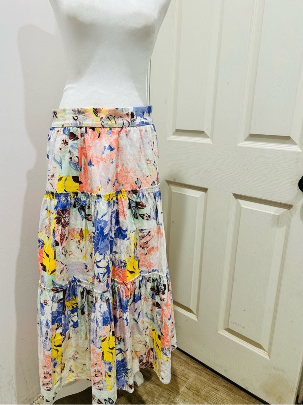 INC International Concepts Tiered Floral Maxi Skirt in White, Blue, Yellow, Pink